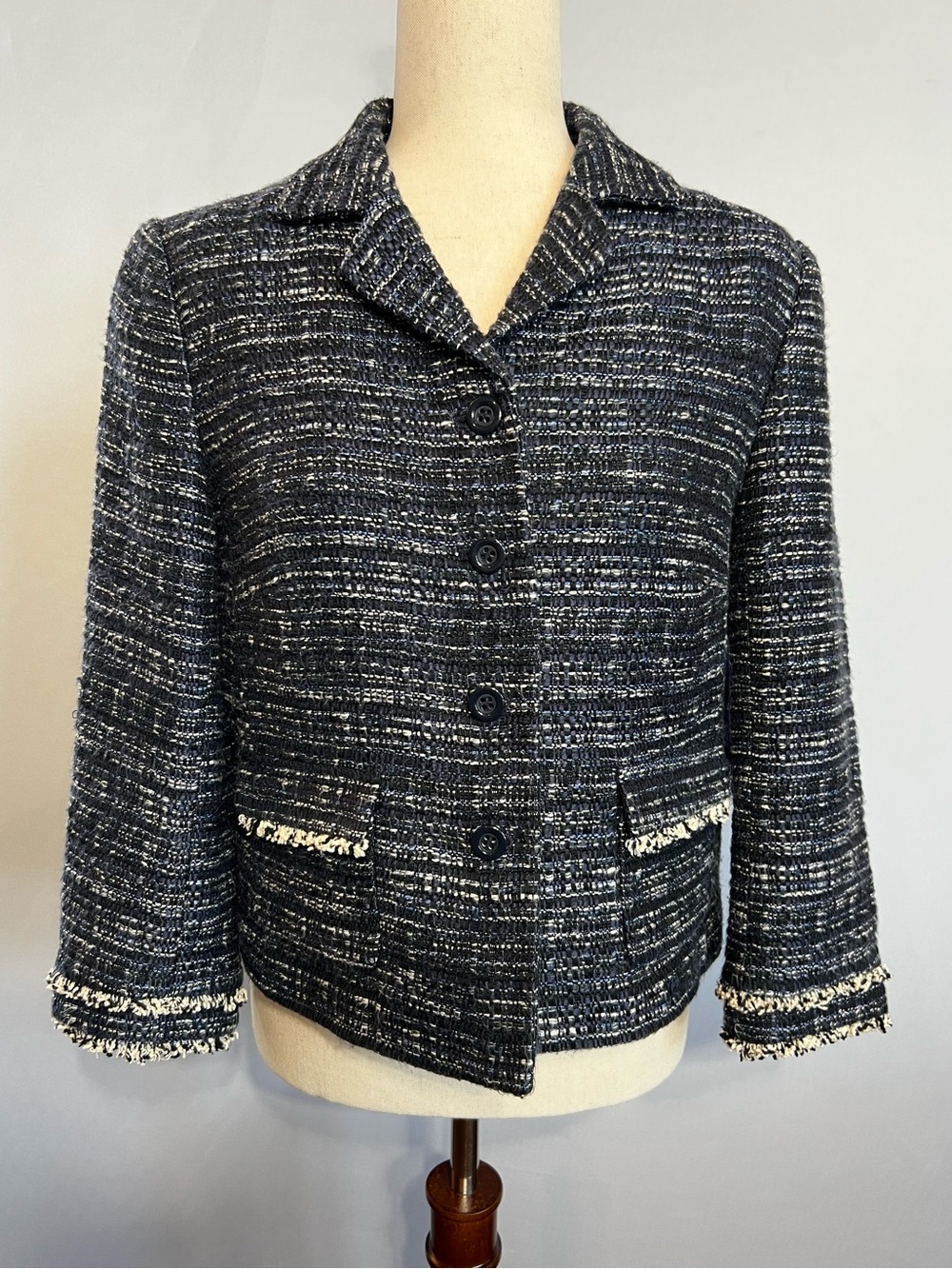 Ann Taylor Navy, Black, and Ivory Tweed Cropped Blazer - Picture 1 of 14